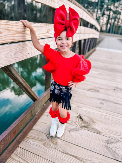 Red leo with boa sleeves romper/top